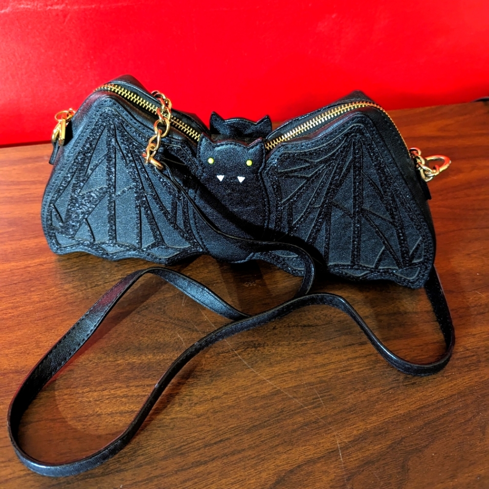 Betsey Johnson Black Glitter Vampire Bat Clutch Crossbody Purse
